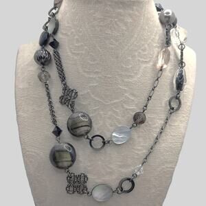 Lia Sophia Heritage Long Necklace Mother of Pearl Hematite Beaded Gun Metal Gray